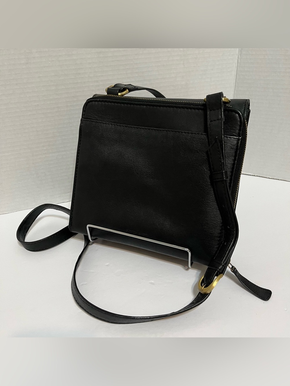 Vintage Black Leather Crossbody Bag with Adjustable Strap Gold Hardware